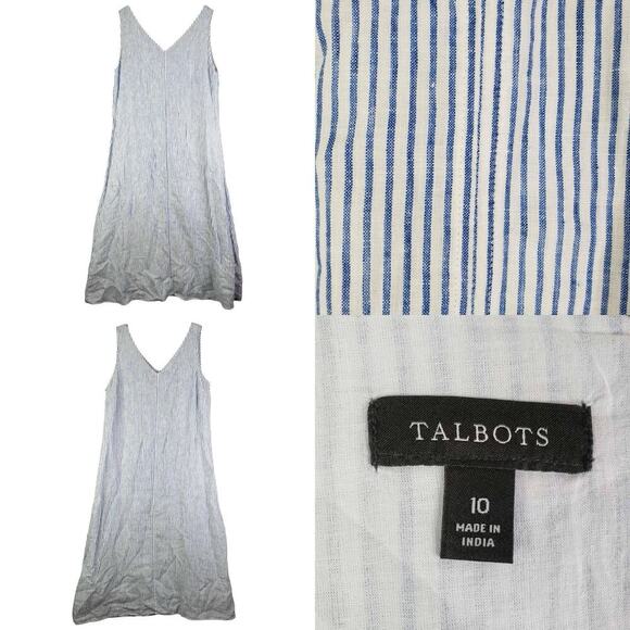 Talbots Dress Size 10 Solid White Striped Coastal Sleeveless Linen Lagenlook - Picture 1 of 7
